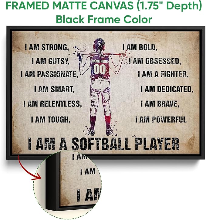 Custom I Am A Softball Player Gift For Her Softball Girl Room Personalized Name Number Poster & Framed Canvas, Wall Art Home Office Decoration Living Room Bedroom Aesthetic Decor