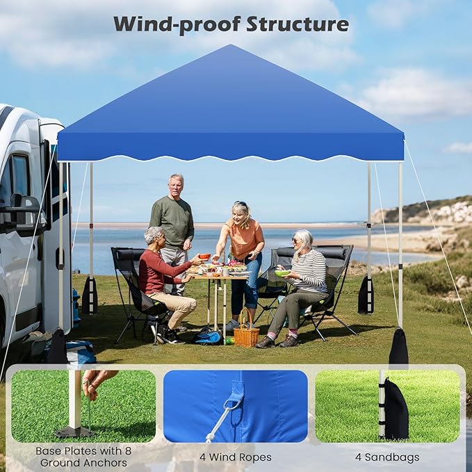 Tangkula 10x10 FT Pop Up Canopy, UPF50+ Easy Set up Instant Tent with Wheeled Bag, 8 Stakes, 4 Anchors, 4 Wind Ropes, 4 Sandbags, Heavy Duty Outdoor Canopy Tent 10x10 for Patio Party Backyard (Blue)