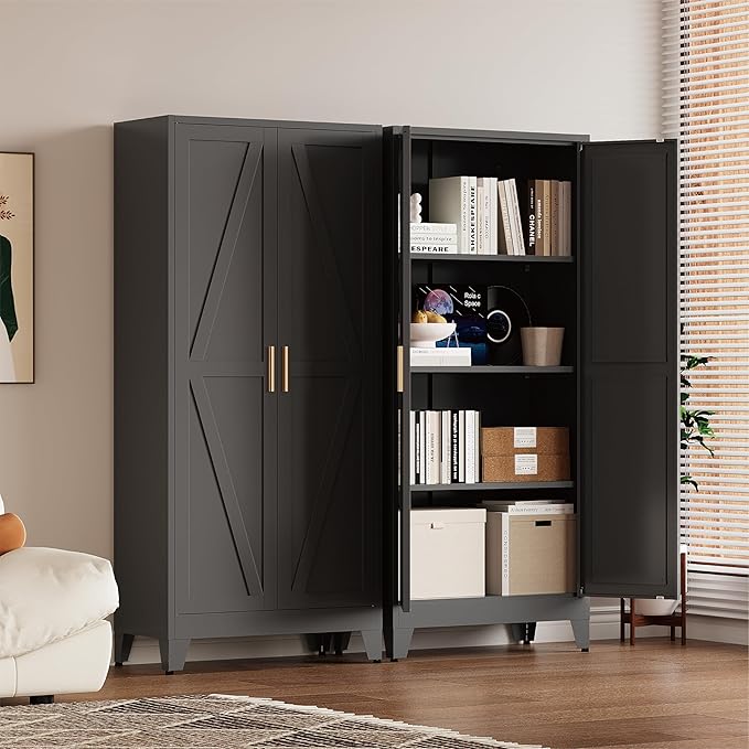 61" Tall Pantry Cabinet, White Metal Pantry Storage Cabinet, Kitchen Pantry Storage Cabinets with 2 Door and 3 Adjustable Shelves (Black, 61" H)