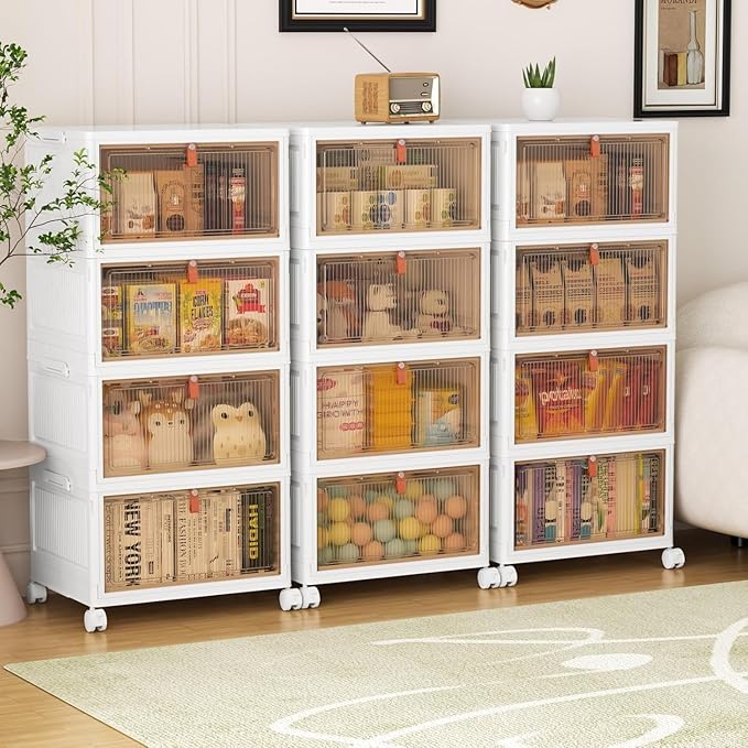 4 Tier Plastic Storage Bins with Lid 28QT - Stackable Storage Containers with Wheels, Folding Storage Boxes, Collapsible Storage Bins, Closet Organizers and Storage