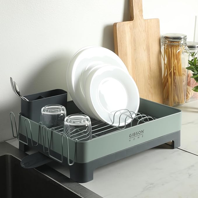 Gibson Home Nestcraft Full Size Rust Resistant Dish Rack with Drain Board and Flatware Caddy - Green