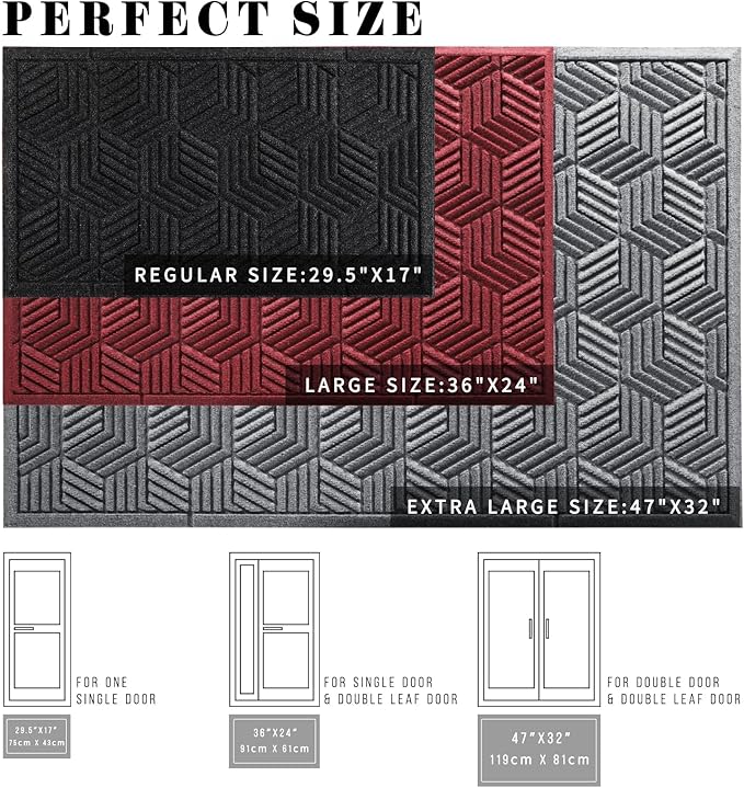 Yimobra Large Door Mat 47x32, All-Season Waterproof Outdoor Mats for Front Door Entrance with Drainage Holes, Heavy Duty Non-Slip Doormat for Garage Patio Entryway Indoor, Black Gray
