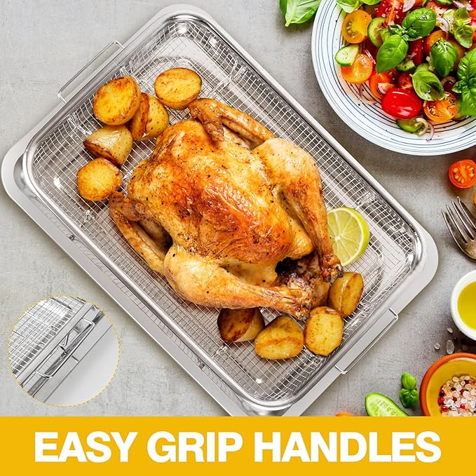 Extra Large Air Fryer Basket for Oven 18 x 12 Inch Stainless Steel, Oven Air Fryer Basket and Tray Set with 30 PCS Parchment Papers, Bacon Cooker Broiler Pan for Oven, Bakeware Sets Oven Rack-2 Piece