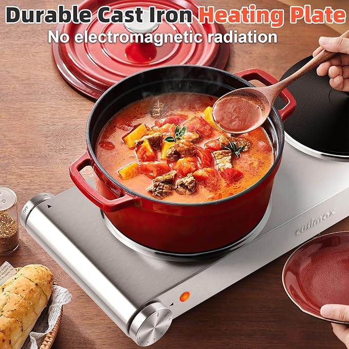 CUSIMAX Double Burner, Electric Hot Plates for Cooking, 1800W Double Hot Plate, Portable Electric Stove, Countertop Burners with Cast Iron Heating Plates, Works with All Cookwares, Upgraded Version