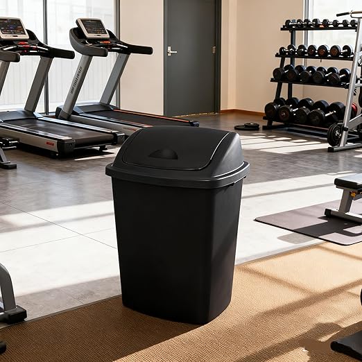 10 Gallon Plastic Garbage Bin with Lid, Swing Top Waste Container, Kitchen Trash Can with Swing Lid, Black, 4 Packs