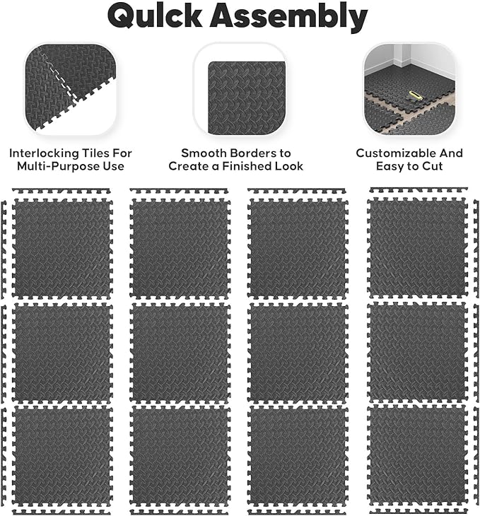 Home Gym Mat, Puzzle Exercise Mat, EVA Interlocking Foam Floor Tiles for Home Workout Equipment and Kids' Play Areas - Black, 24 in x 24 in x ½ in - 32 Tiles (Black, 32 Pack, 128 SQ FT)
