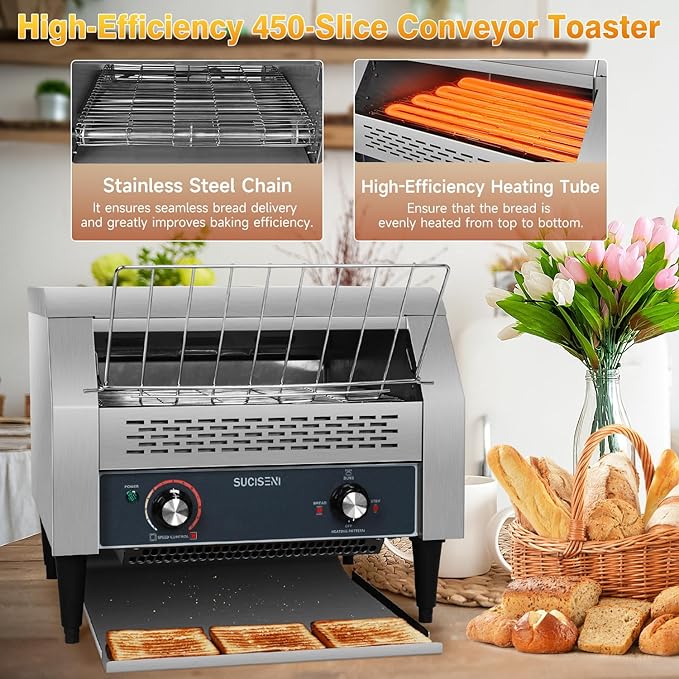 SUCICENI Commercial Conveyor Toaster 450 Slices/Hour Stainless Steel Toaster 2600W Heavy Duty Industrial Toasters Electric Oven with Dual Heating Tube for Bagel Bread Croissant Bakery Restaurant Cafe