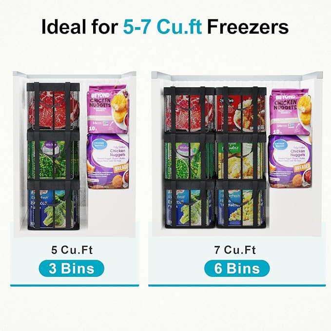 iSPECLE Freezer Organizer Bins - 3 Pack Large Stackable Deep Freezer Organizer Bins for 5 to 7 Cu.Ft Chest Freezers Easy Get Foods without Digging, Faster Freezing Better Freshness, Black