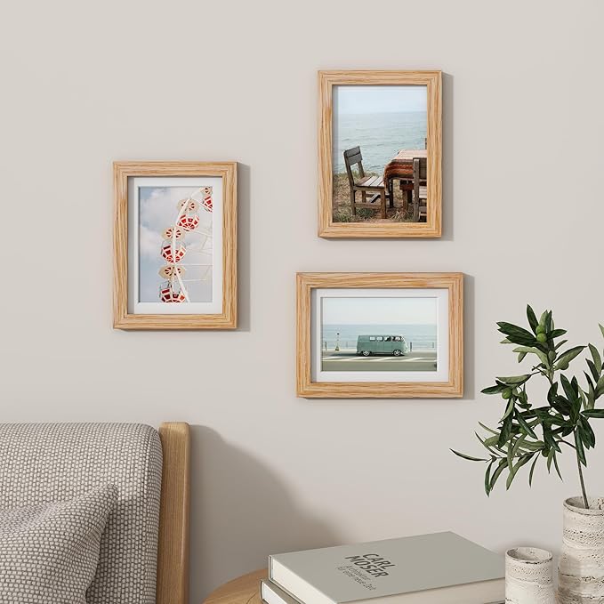 Fun Memories 5x7 Picture Frame, Solid Oak Wood 5 x 7 Frame with Plexiglass, 5 by 7 Photo Frame for Wall & Tabletop Display, 5x7 Picture Frame Matted to 4x6, Natural Oak Color, 3 Pack