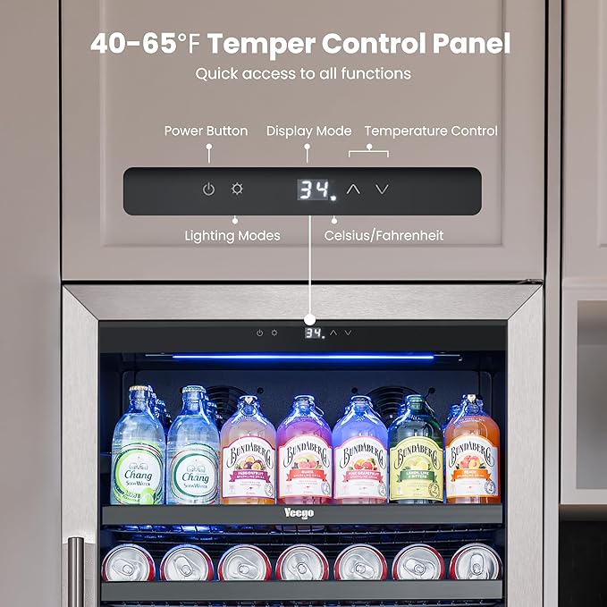 Beverage Refrigerator 24 inch -378 Cans Capacity Beverage Cooler, Upgraded Beverage Refrigerator Freestanding or Built-In, Drink Cooler for Soda, Water, Beer or Wine - For Kitchen, Bar or Office
