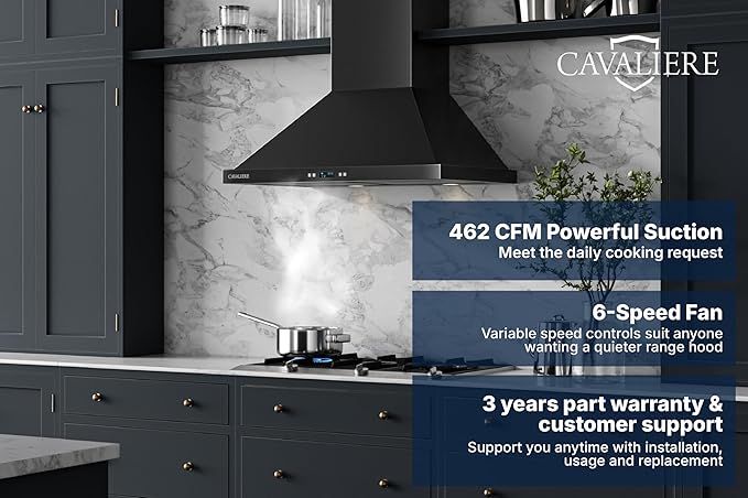 CAVALIERE Value-Focused 462 CFM Wall Mount Range Hood 30 Inch, 3-Year Warranty, Enhanced Stainless Steel, Ducted/Ductless Range Hood Convertible (Kit Included) LED Lights, Baffle Filter, Touch Control