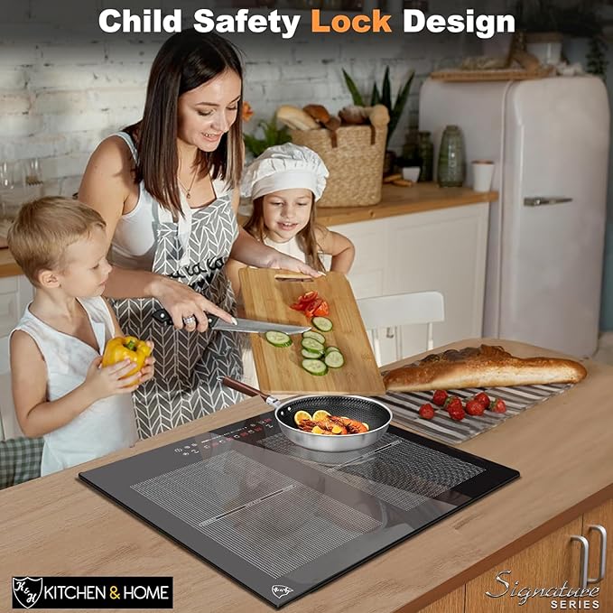 K&H 4 Burner Induction Cooktop - 24 Inch Built-In Electric Cermic Stove Top - 17 Heating Levels, 240V, 6800W High-Power Built-in Electric Stove Top - Child Lock, Timer & Touch Control - IN24-6004FLX