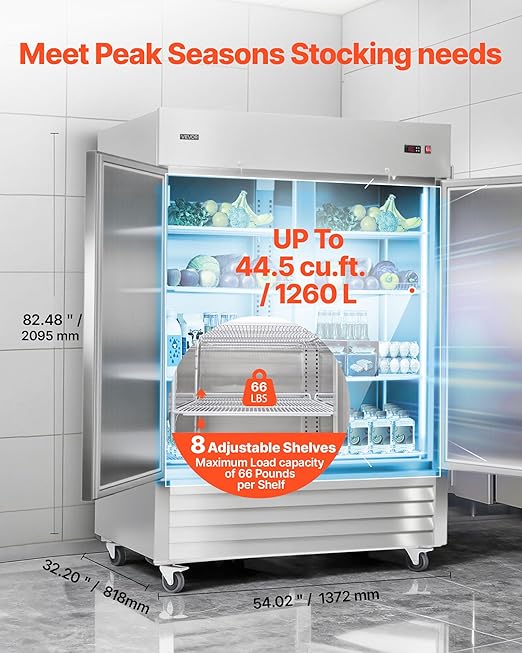 VEVOR Commercial Reach-In Refrigerator 54" W, 44 Cu.Ft Stainless Steel Upright Refrigerator with Double Doors, Auto-Defrost, 8 Adjustable Shelves, 32 to 50℉ Temp Control, ETL Certified