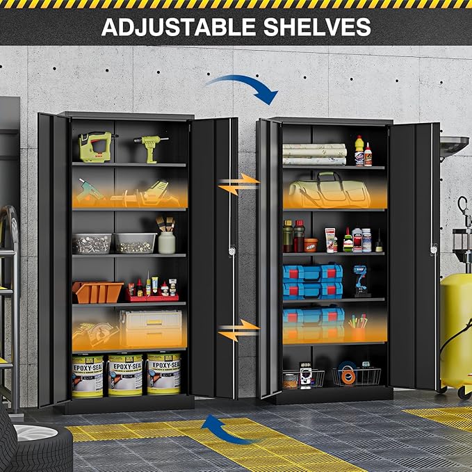 Metal Storage Cabinet-71” Tall Steel File Cabinets with Lockable Doors and Adjustable Shelves-Black Steel Storage Cabinet for Home,Kitchen, School, Office, Garage