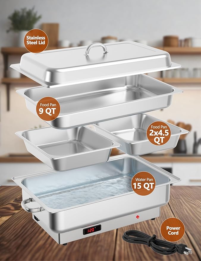 2 Pack Electric Chef Chafing Dish Buffet Set 9QT Buffet Servers and Warmers Digital Display Temperature with 1 Full-Size Pan & 2 Half-Size Pan Warming Tray for Parties Commercial
