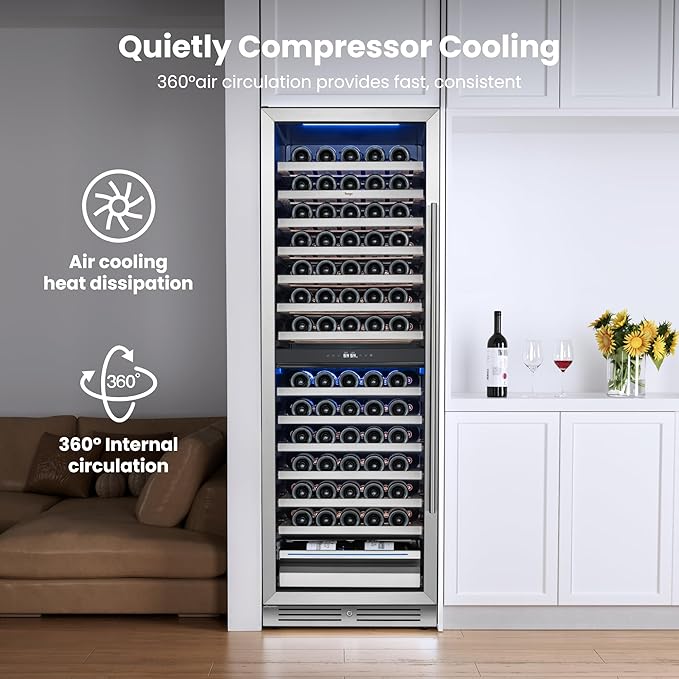 Yeego 24 Inch Wine Fridge Cooler - 154 Bottles Dual Zone Wine Cooler with Glass Door, 40-65℉ Built-In or Freestanding Wine Refrigerator with Lock and 2 Color LED for Kitchen Bar Office (Left-Hinged)