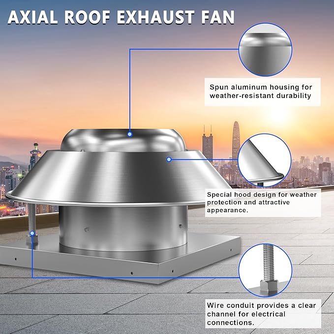 Roof Exhaust Fan Direct Drive Axial Downblast Exhaust Fan -26" Fan Base, 1/3 HP 115 Volt Single Phase Motor 2400 CFM