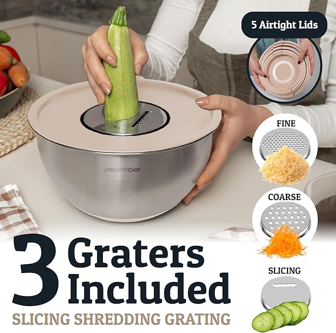 Priority Chef Stainless Steel Mixing Bowls with Lids Set, 3 Grater Attachments, Airtight Lids, Non-Slip Silicone Base Mixing Bowl Set, Large Prep Metal Mixing Bowls for Kitchen, Khaki