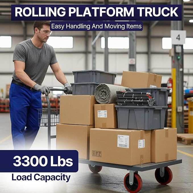 Flatbed Platform Cart 3300LB Industrial Dolly Cart Heavy Duty 48” x 24” Platform Hand Truck Push Cart Super Heavy Duty Diamond Plate Flatbed Cart 8'' Swivel Wheels Moving Cart w/Basket