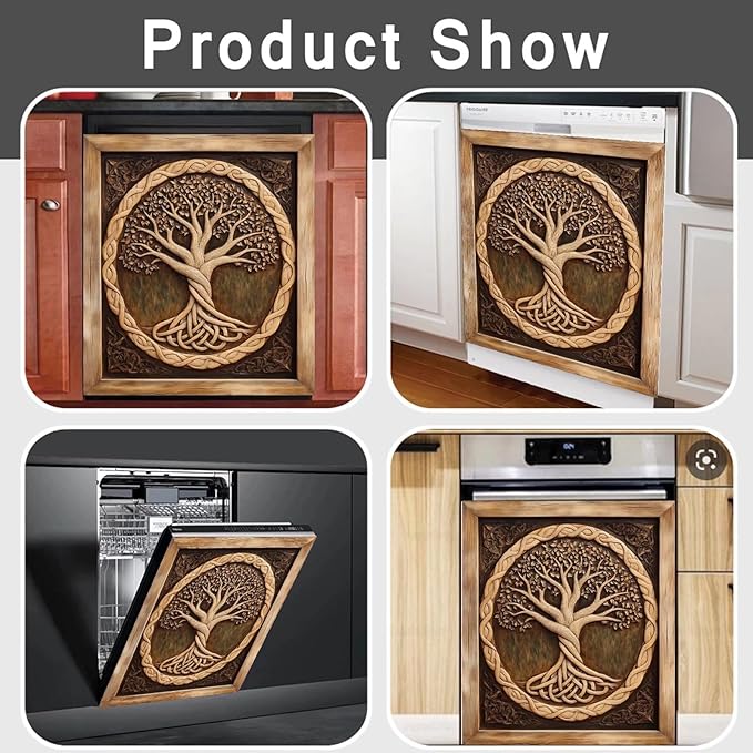 Wood Tree of Life Dishwasher Magnet Cover Skin Panel Decal, 3D Wood Sculpture Tree of Life Refrigerator Magnet Door Cover Vinyl Dishwasher Sticker - 23" W x 26" H Magnetic