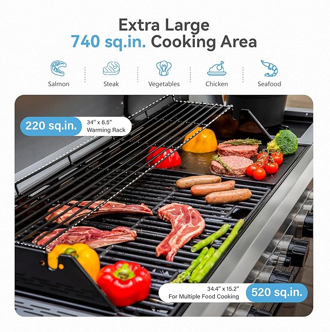 2 in 1 Propane Griddle Grill Combo, 6-Burner Propane Gas BBQ Grill with Porcelain-Enameled Cast Iron Grates & Plate, 42,000 BTU Combo Grill with Side Stove for Outdoor Cooking Camping Patio Backyard