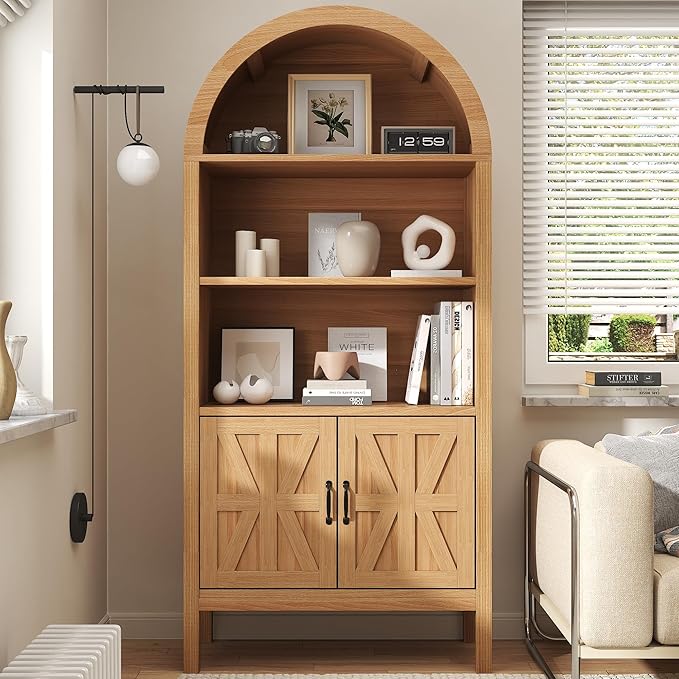 71" Tall Arched Cabinet with Storage, Farmhouse Arched Display Bookcase Cabinet with Door and Adjustable Shelves, Arch Bookshelf Storage Pantry Cabinets for Living Room, Kitchen