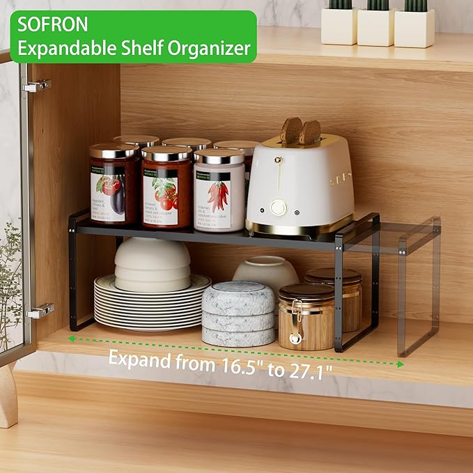 Expandable Cabinet Storage Shelf Stackable Organizer Rack for Kitchen Bathroom Pantry Spice Cupboard Countertop Home Office Desk Heavy Duty Nonslip Black Large 2 PACK