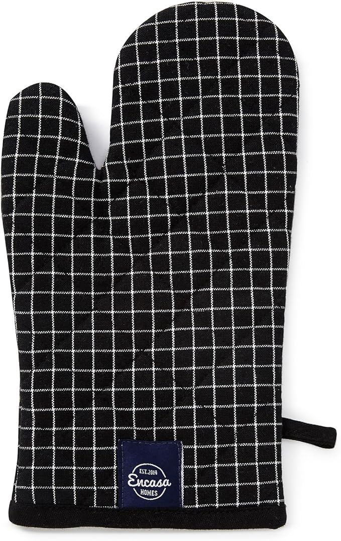 Encasa XO Long 12"x7" Oven Microwave Hand Gloves Mitts (2 pc Set) for Kitchen Cooking & Baking - Heat Resistant, Thick & Safe, Protection of Hands from Hot Utensils - Butcher Checks Black