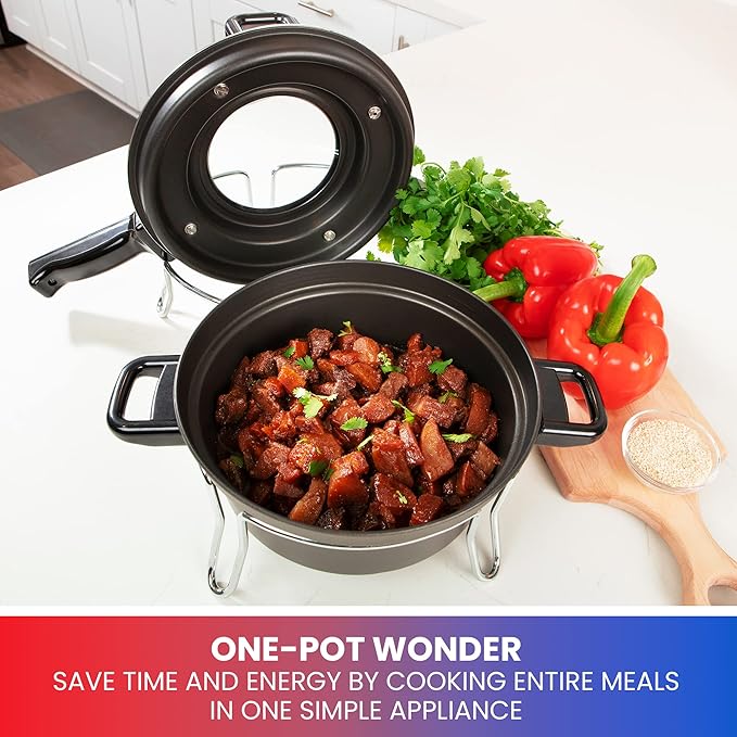 Total Chef Czech Cooker The Ultimate Electric Oven with Adjustable Thermostat Versatile Cooking Options Efficient Heating Non-Stick Pot Portable Design and Heat-Safe Stands