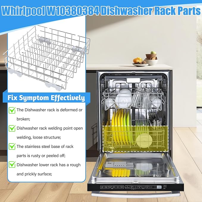 Upgrade W10311986/W10380384 Dishwasher Lower Dishrack Designed for Whirlpool Dishwasher Rack Parts WDT750SAHZ0 WDTA50SAHZ0 WDT970SAHZ0 WDT780SAEM with WP3376961 Wheels Dishwasher Bottom Rack