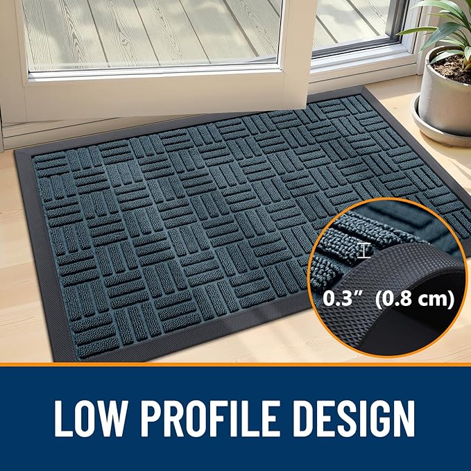 OLANLY Front Door Mat Outside Entrance 47x17, Absorbent, Heavy Duty Sturdy Natural Rubber Doormat Indoor Outdoor, Non-Slip, Stain and Fade Resistant, Low Profile Floor Mat for Entryway, Lake Blue