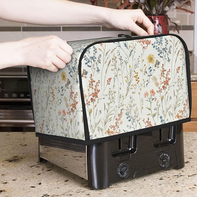 2 Slice Toaster Cover for Kitchen Wildflower Flower Botanical Spring Waterproof Dustproof Toaster Dust Cover with Side Pockets Decorative Universal Cover for Wide Slot Toasters Small Appliances