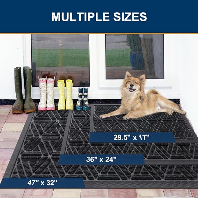 Smiry Front Door Mat Outside Entrance, Heavy Duty Sturdy Natural Rubber Doormat, Trap Dirt and Moisture, Easy Clean Low Profile Mats for Indoor Outdoor Entry, Grid Geometric (71x47, Black)