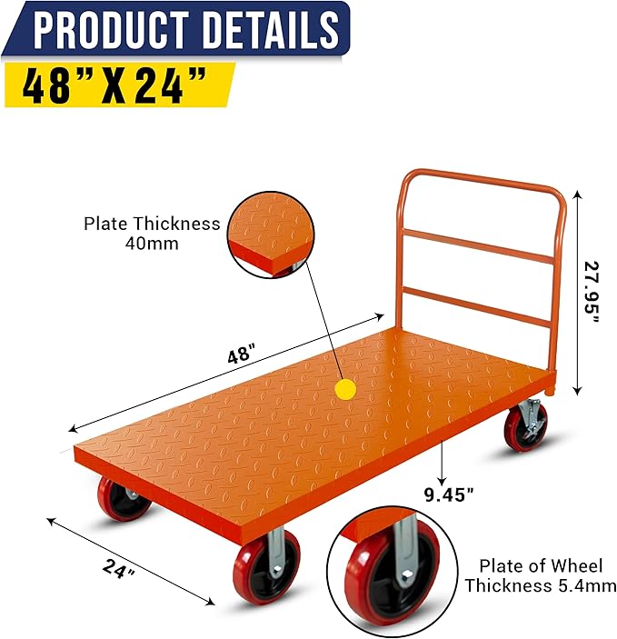 Platform Cart Industrial Dolly Cart 3300LB Heavy Duty 48” x 24” Platform Hand Truck Push Cart Super Heavy Duty Diamond Plate Commercial Flatbed Cart 8'' Moving Swivel Wheels (Orange)