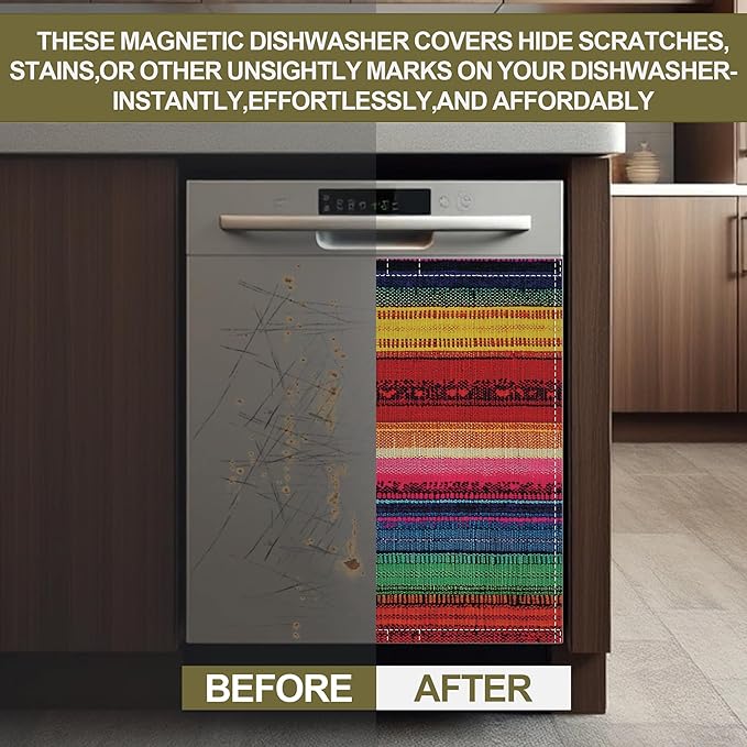 Magnetic Dishwasher Cover,Mexican Reusable Dishwasher Magnetic Cover Ethnic Stripes Rainbow Decorative Door Covers Panel for Home Kitcen 23" x 26"