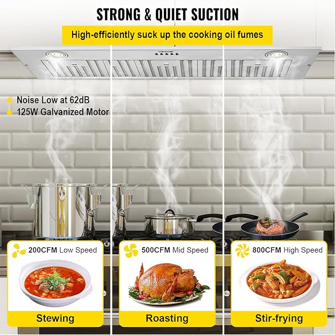 VEVOR Insert Range Hood, 800CFM 3-Speed, 36 Inch Stainless Steel Built-in Kitchen Vent with Push Button Control LED Lights Baffle Filters, Ducted/Ductless Convertible, ETL Listed…