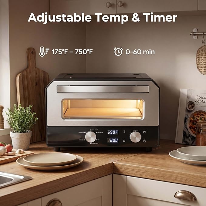 SIMOE Electric Pizza Oven for Indoor Use, 12 Inch Countertop Pizza Oven with Pizza Stone, 750℉ High Heat Pizza Maker, 6 Preset Modes, Touch Control Pizza Oven