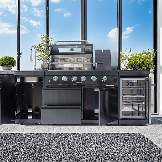 85 Inches 4-Burner 72,000 BTU Deluxe Stainless Steel Propane Gas Grill Outdoor Kitchen Island,Sink,Beverage Refrigerator Storage & Rotisserie Kit for Patio Backyard Cooking,Black