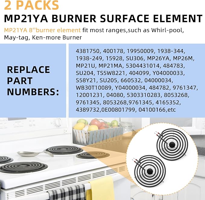 2 Pack MP21YA Electric Range Burner Element Unit 8" Replacement Fit for Hard-wick & Ken-more & May-tag & Nor-ge & Whirl-pool Electric Range Stove - Fit MP22YA Stove Burner by AMI PARTS