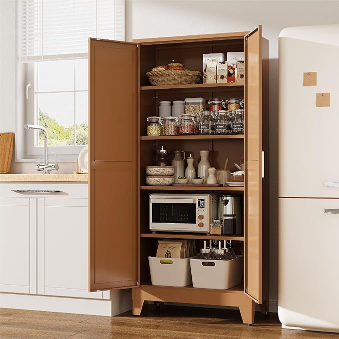 71" Tall Pantry Cabinet, White Metal Pantry Storage Cabinet, Kitchen Pantry Storage Cabinets with 2 Door and 4 Adjustable Shelves (Brown, 71" H)