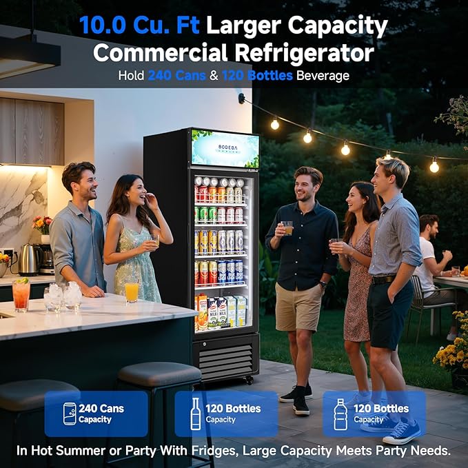 BODEGACOOLER Beverage Refrigerator and Cooler, 10.0 Cu. Ft Commercial Refrigerators For Man Cave, Display Refrigerator with Soft LED Light. 4 Shelves Merchandiser Refrigerators as Black Bar Cooler.