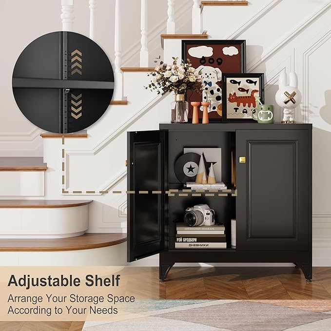 Metal Coffee Bar Cabinet,Kitchen Storage Cabinet,Black Buffet Cabinet with Storage and Adjustable Shelf,Sideboard Buffet Cabinets for Dining Room