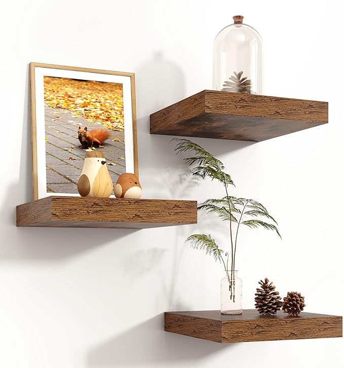 Square Floating Shelves for Wall 8"W x 8"D x 1.2"H, Engineered Wood Wall Shelves with Invisible Brackets for Living Room Bedroom Bathroom Office Kitchen Storage & Decor, Rustic Brown Finish, Set of 3