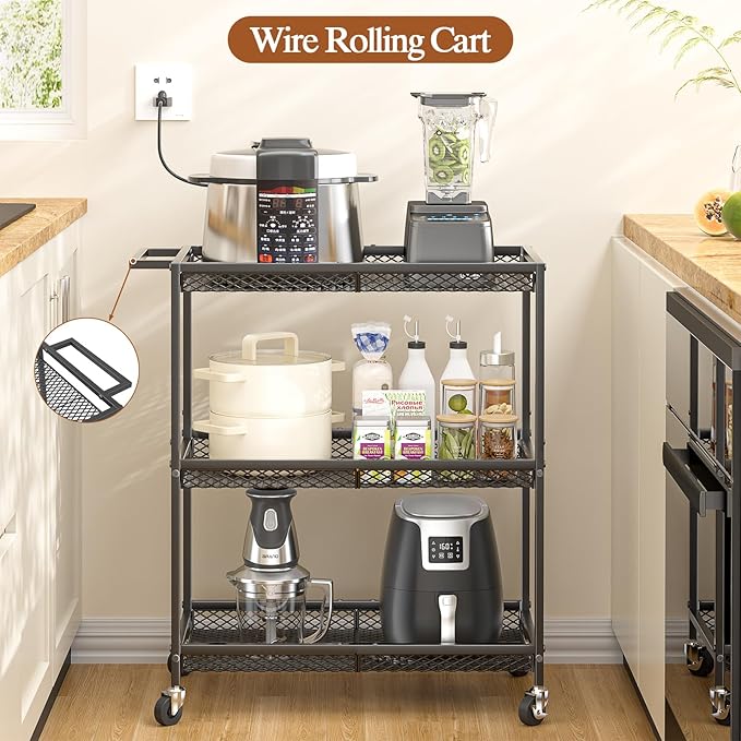 3 Tier Rolling Utility Kitchen Cart, Heavy Duty Wire Rolling Cart on Wheels, Commercial Metal Serving Carts with Handle, Kitchen Island Plant Shelf Food Storage Trolley for Laundry, Office, Garage
