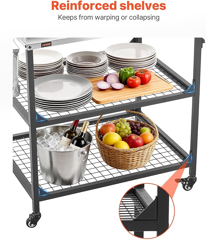 VEVOR Outdoor Grill Cart, 31.5 x 24.0 inch Stainless Steel Tabletop Size Grilling Table, Outdoor Cooking Table with 4 Wheels & Side Handle, Two Mesh Shelves, BBQ Prep Tables for Patio, Garden