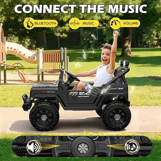 12V Ride On Truck Car with Remote Control, Kids Electric Vehicles with Bluetooth Music, Horn, 3 Speeds, 4 LED Lights, Soft Start, Ride on Toys for Toddler Boys & Girls (Black)