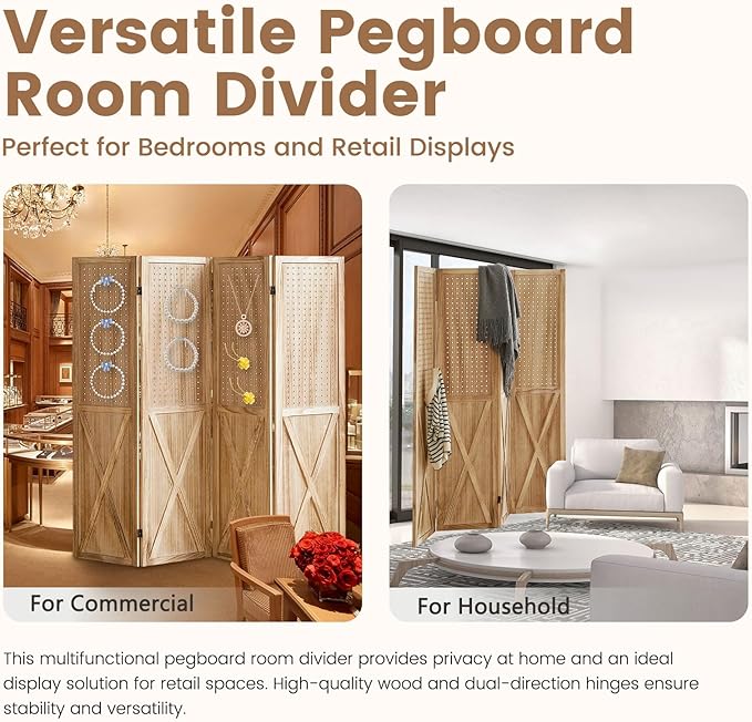 4 Panel Pegboard Wood Room Divider, 5.6Ft Pegboard Display Folding Privacy Screens, Peg Board Display Freestanding for Trade Show Craft Show Home Wall Organizer, Light Brown