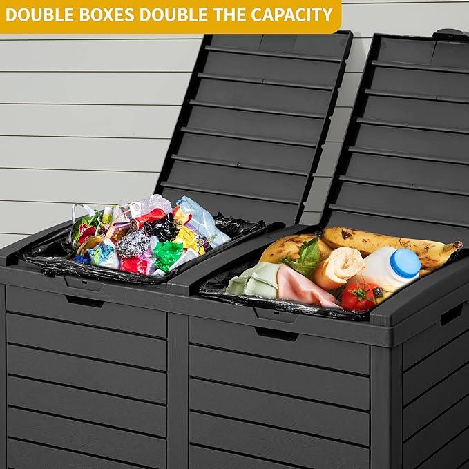 DWVO 76 Gallon Outdoor Resin Trash Can with Dual Lid and Drip Trays, 248 Quart Hideaway Garbage Bin for Porch, Backyard