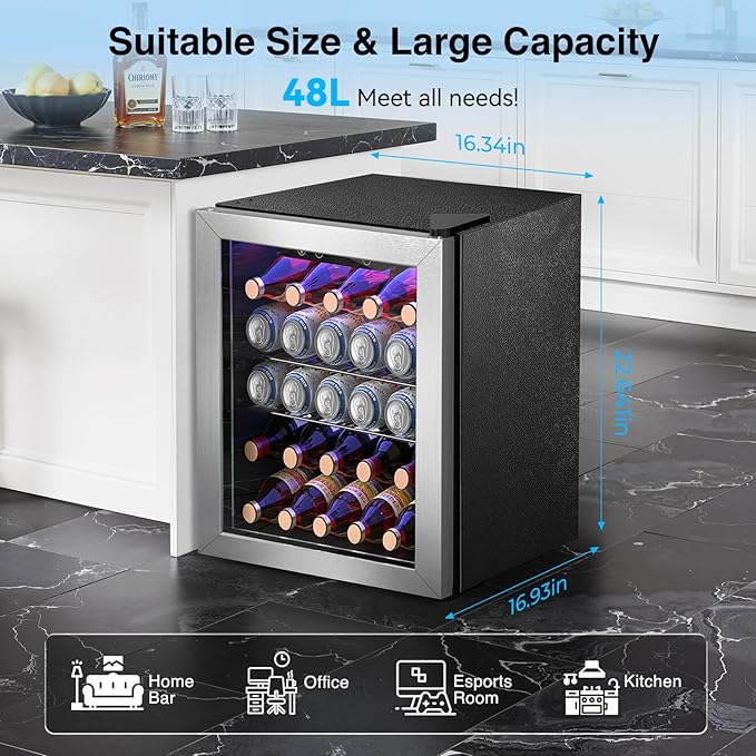Kismile Mini Fridge 48L Refrigerator for 16 Bottle 68 Can,1.7 Cu.Ft Mini Refrigerator Cooler with Quiet Compressor,LED Light,Electronic Temperature Control for Home/Bar/Office 40-61℉,Silver