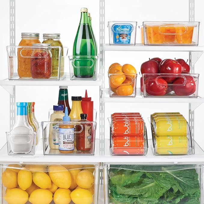 mDesign Slim Plastic Kitchen Pantry Cabinet, Fridge or Freezer Storage Bin with Handles - Organizer Containers for Fruit, Yogurt, Snacks, Pasta - 16" Long - Ligne Collection - 8 Pack - Clear